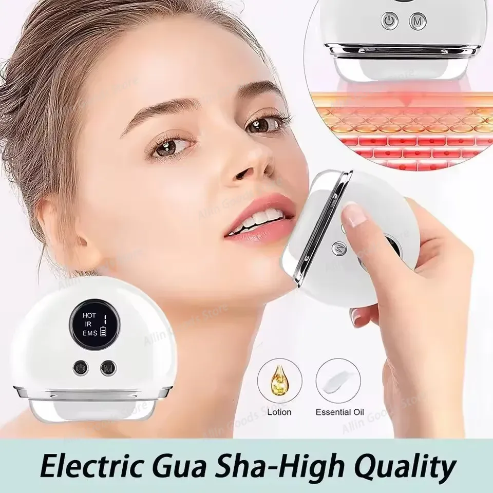 Microcurrent Face Massager Gua Sha - 加熱式EMSマイクロカレントかっさマッサージ器、カラーライト振動しわ対策フェイスネックリフティング引き締め彫刻ツール