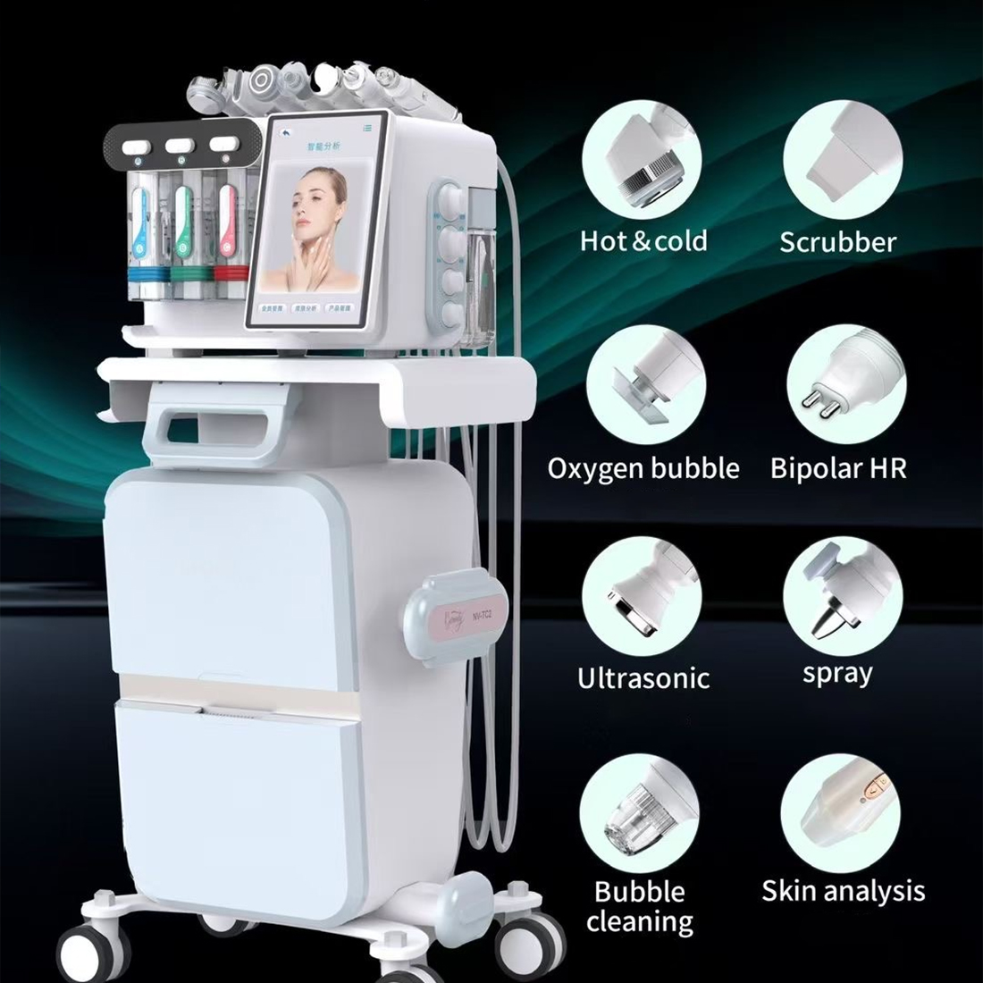 Cold Warm Hammer Facial Machine - デュアルHR超音波フェイシャルマシン、ダイヤモンドマイクロダーマブレーション、エアブラシ、サーマルハンマー、光線療法、バブルウォーターポリッシュ（ビーズ用）